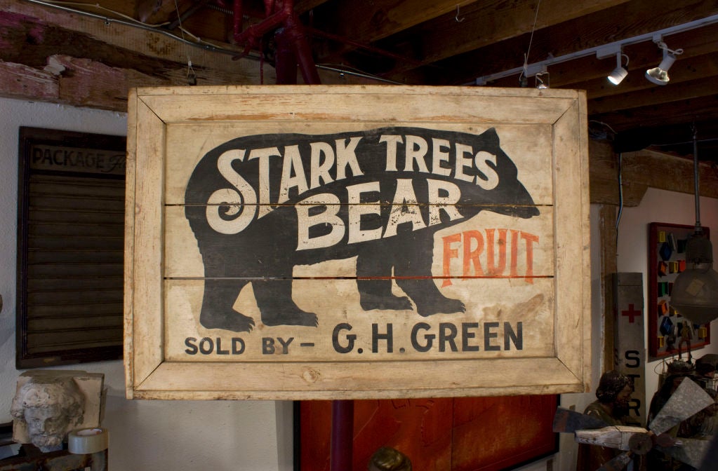 This turn of the century produce sign has amazing painted lettering and would look great hanging in a kitchen, restaurant, or cafe. See image three.<br />
<br />
Stark Bro's traces its origins to 1816, when James Stark settled on banks of the