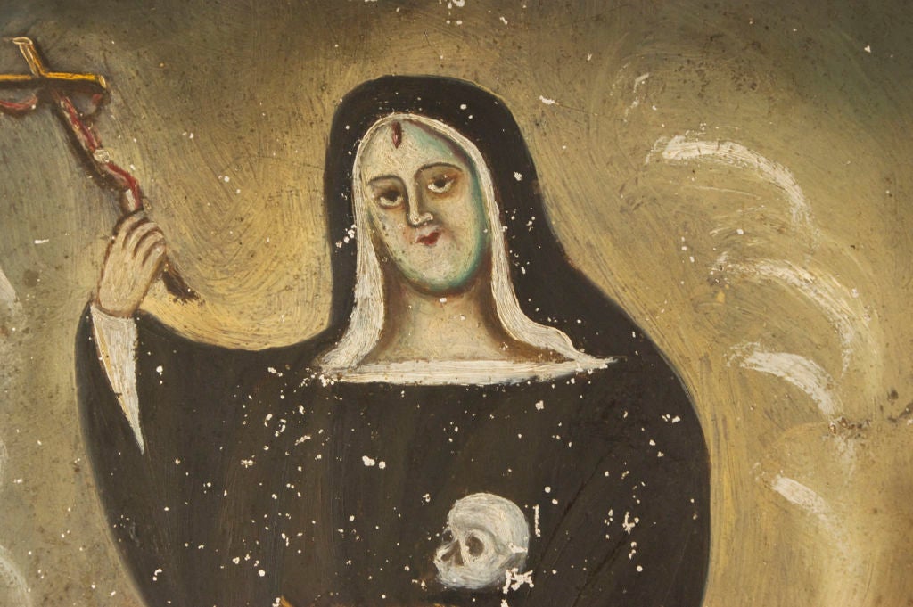 This late 19th century Mexican Folk Art devotional painting depicts St. Rita of Casia, the patron saint of lost and improbable causes. 



Wishing to join an Augustinian convent as a child, St. Rita was instead married against her will at age