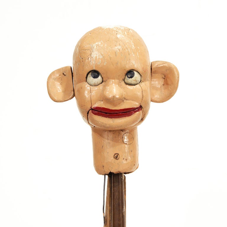 The eyes on this amazing ventriloquist dummy head can be moved up and down by pulling on the metal ring. His mouth can be opened by hand and will spring closed. Found in Peoria, IL.