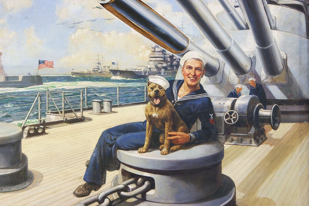 This original WWII promotional painting by the Colson Calendar company features an American sailor with his Pitbull on a battleship in New York Harbor, with the Statue of Liberty in the distance. The image was used in a 1940's Colson Calendar.<br