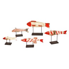 Collection of Five Red and White Great Lakes Fish Decoys