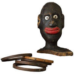 Early Carved Wood American Folk Art Carnival Ring Toss Head and Rings 6