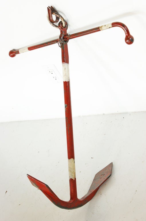 Large in scale, this red and white painted Mississippi river anchor, looks great suspended from a ceiling.