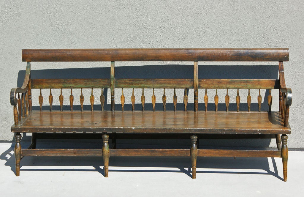 6.5 foot wide Windsor bench from Jefferson County with amazing patina to original green paint surface.
