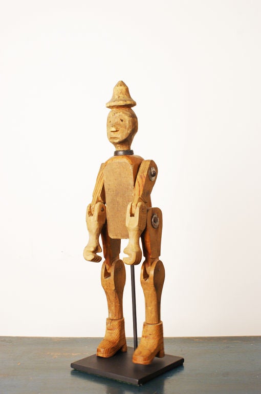 Folk Art Vintage Carved Wood Articulated Clown Figure For Sale