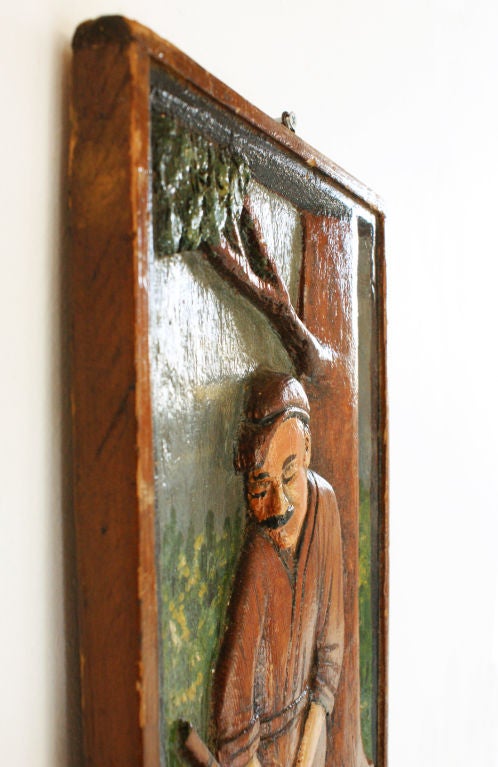 Folk Art Oringinal Wood Carved Relief of a Man Fishing For Sale