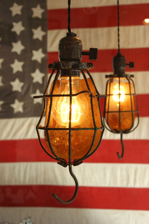 Mid-20th Century Vintage Industrial Cage Trouble Light Pendant with Reflector Shield