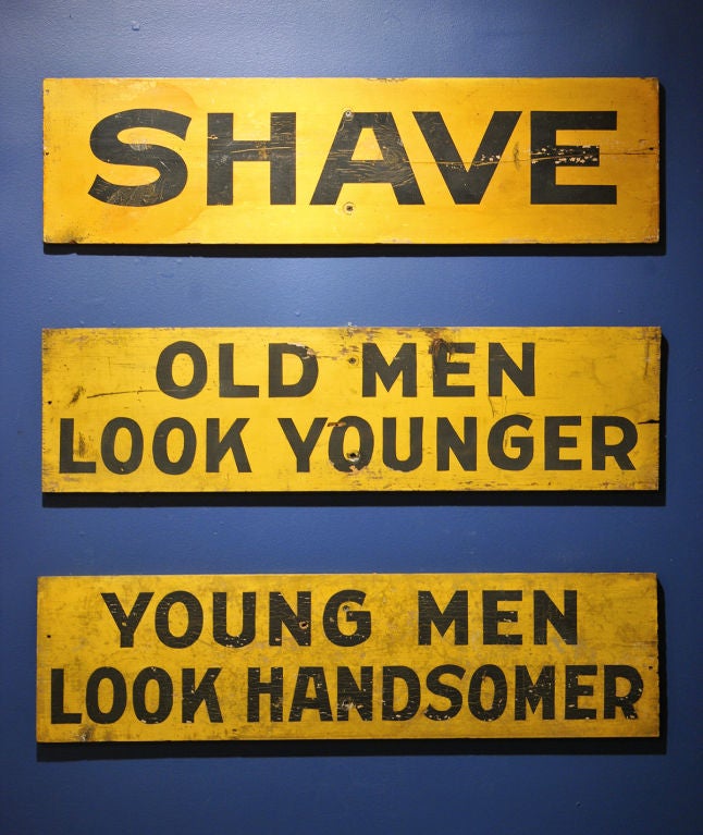 Bold and graphic painted Burma-Shave highway advertising signs in yellow and black.  <br />
<br />
Burma-Shave was introduced in 1925 by the Burma-Vita company. The sign series appeared from 1925 to 1963 in most of the United States. Typically,