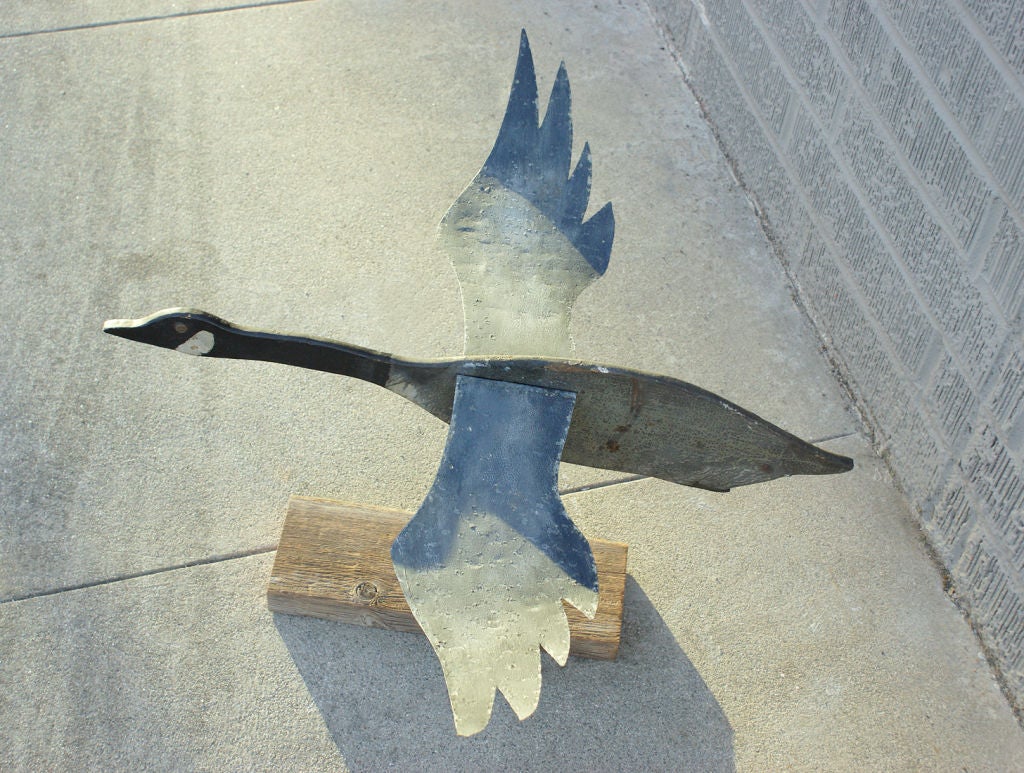 Folk art goose decoy with original alligatored paint surface and delicate sheet metal wings.