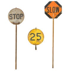 Set of Three Vintage Handheld Traffic Signs