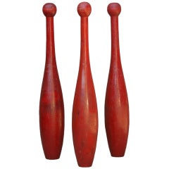 Antique Set of Three Indian Clubs With Original Red Paint Surface