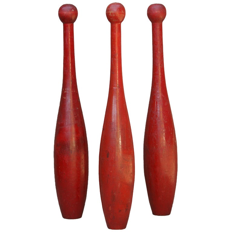 Set of Three Indian Clubs With Original Red Paint Surface