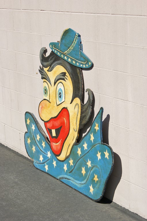 American carnival midway clown head found in upstate New York.   This was supposed to have come from an amusement park near Delevan, NY.  Great large scale wall-hanging.  Carny constructed and painted.  Original paint surface.