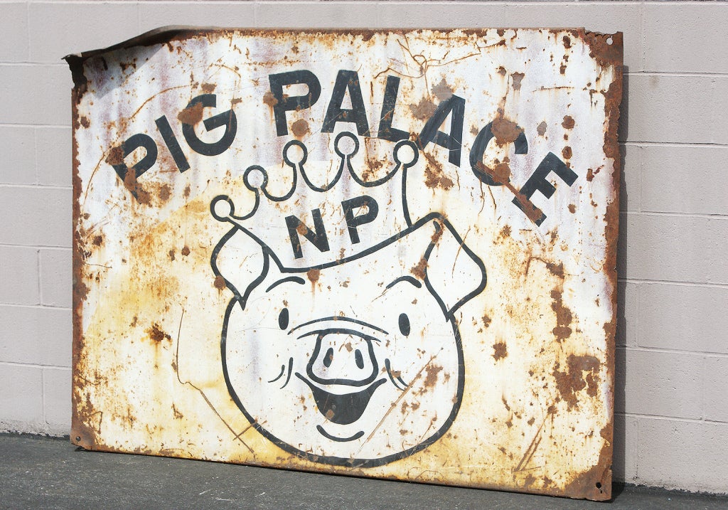 One of a kind pig in a crown railroad boxcar fragment.  Cut from the side of a c. 1950's or earlier Northern Pacific Railroad boxcar.  Very graphic and dynamic in person.    Fantastic wall art.  This piece is quite substantial.