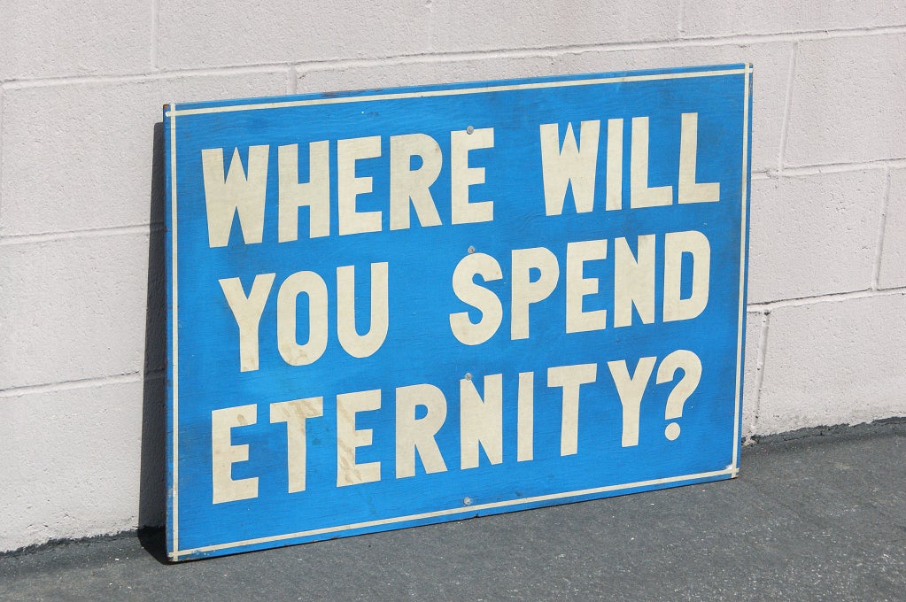 Fantastic 1950s American missionary tract evangelist's sign. It is estimated that Ralph Palmer distributed over 600,000 Mennonite gospel tracts in his lifetime. He dedicated his time traveling to large cities to promote tract evangelism. He traveled