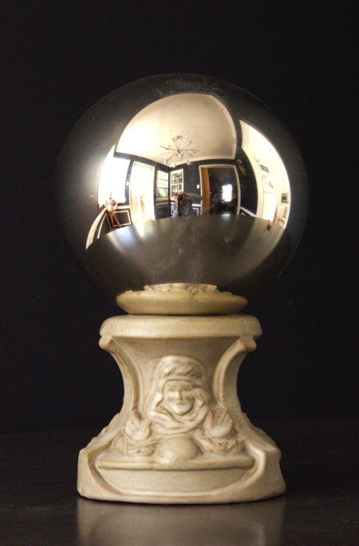 Zanesville pottery company gypsy fortune teller terra cotta gazing ball stand with original mercury glass gazing ball.  