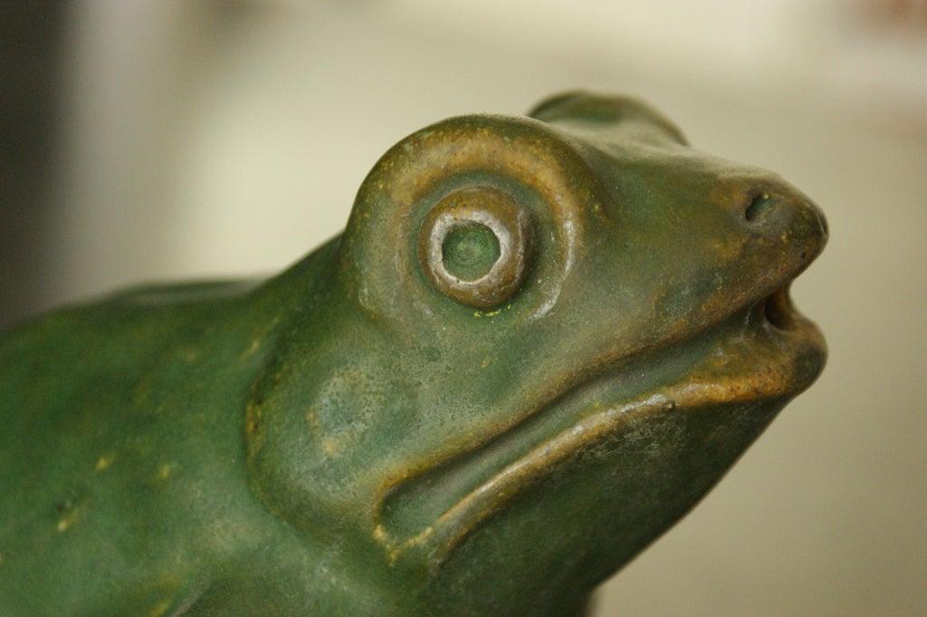 Fantastic glazed matte green terra cotta frog fountain fragment most likely made by the Gladding McBean cermics comapny in the 1920's.  Originally purchased at a turn of the century arts and crafts estate in Pasadena, CA.  The perfect matte green