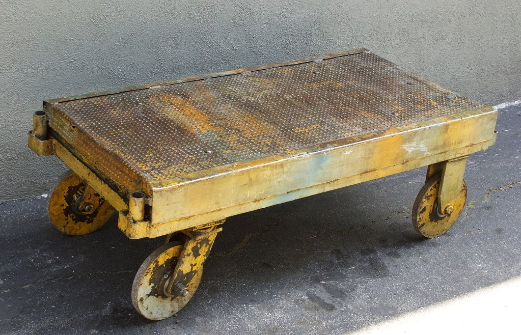 c. 1920's Industrial Factory Iron Trolley Cart Coffee Table 1