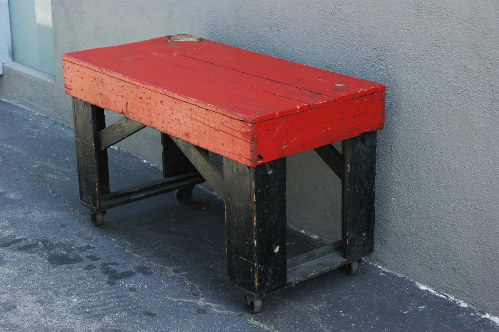 Painted Vintage Industrial Factory Cart with Bold Red and Black Paint For Sale