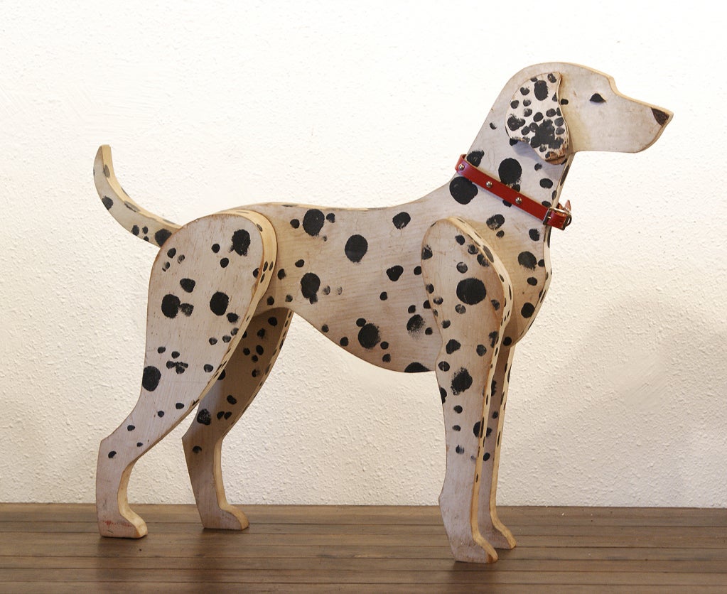 Great three dimensional  mid-century department store window display dog.  Found in Yonkers, NY.  Simple, yet skillfully crafted.  Original paint surface.   Collar appears to be a later addition.