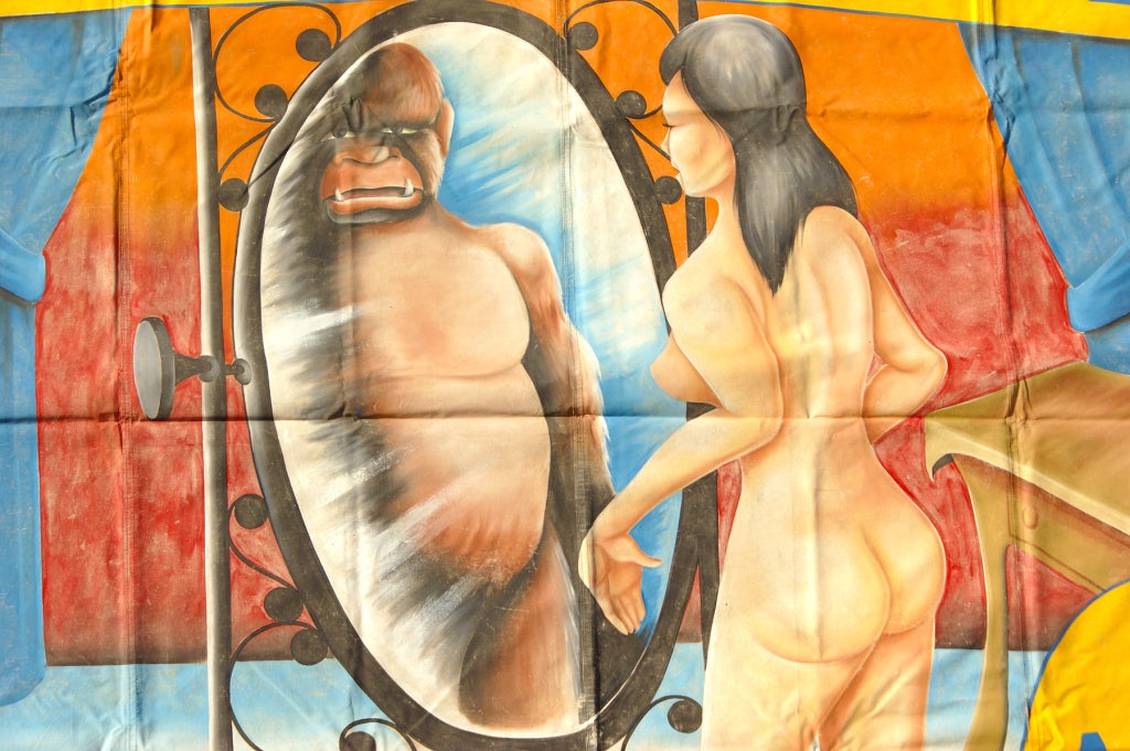 Fantastic, circa 1960s sideshow banner from Pete Hennen's midway marvels ten in one show. Hennen is credited with inventing one of the best girl to gorilla illusions ever. His illusion was later sold to Circus in Las Vegas and featured in the James