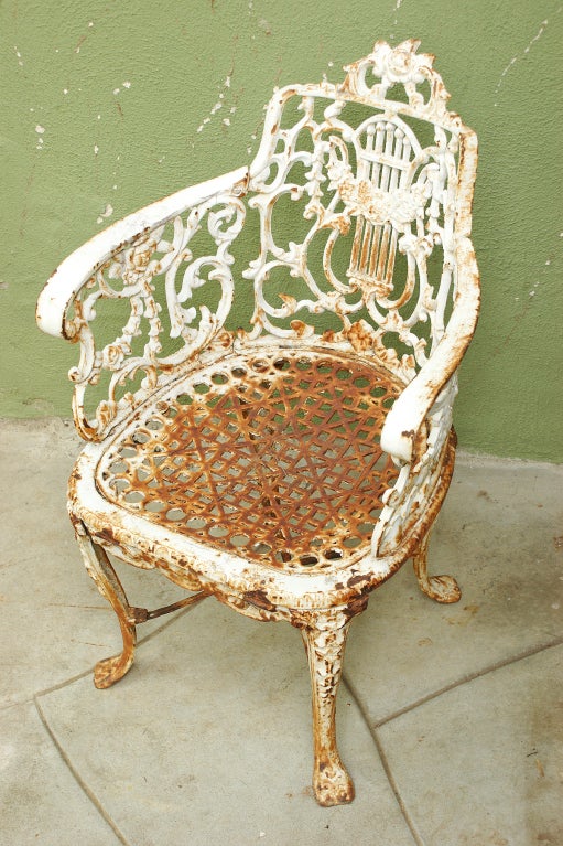 American Pair of Mid-19th Century Cast Iron Lyre-Back Garden Chairs For Sale