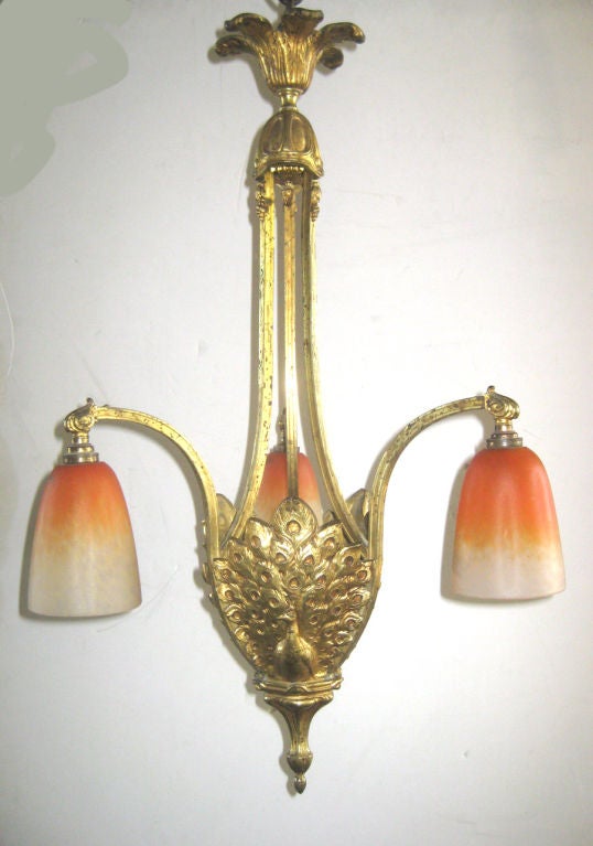 Art Deco Chandelier with Peacock Motif, Antique Glass