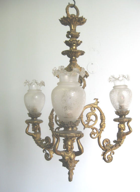 Chandelier with 3 Cast Figures Support Glass Shade