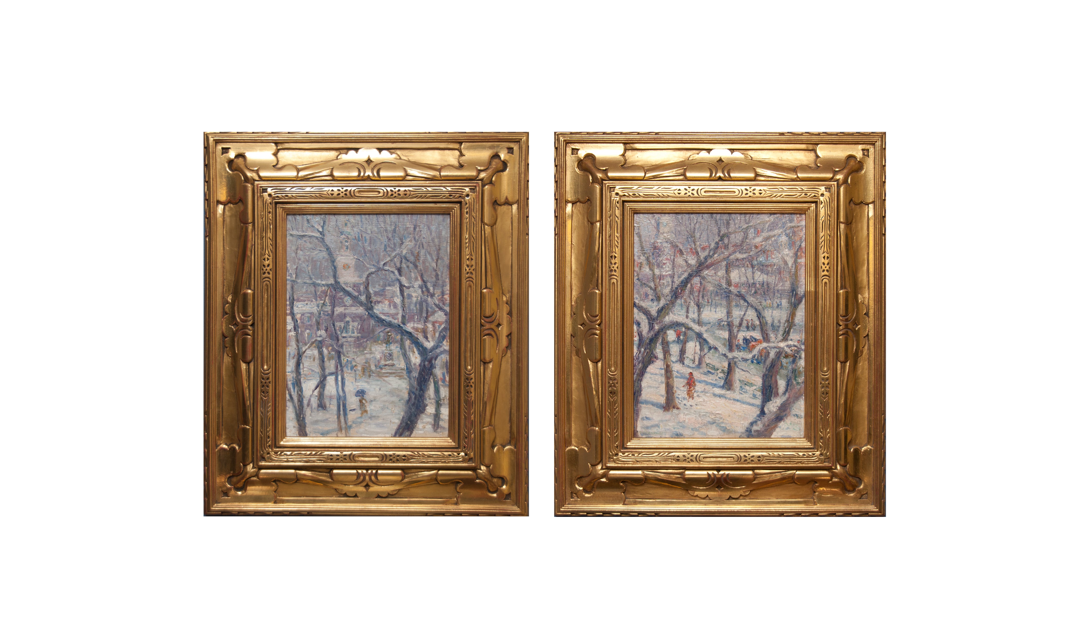 Pair of Oil on Board Cityscapes by Anna Speakman For Sale