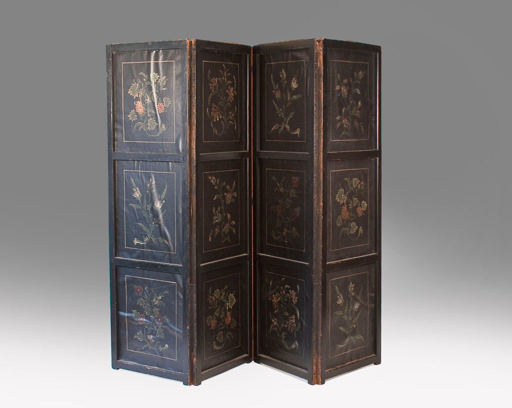 Dutch Reverse Four-Panel Painted Leather Screen