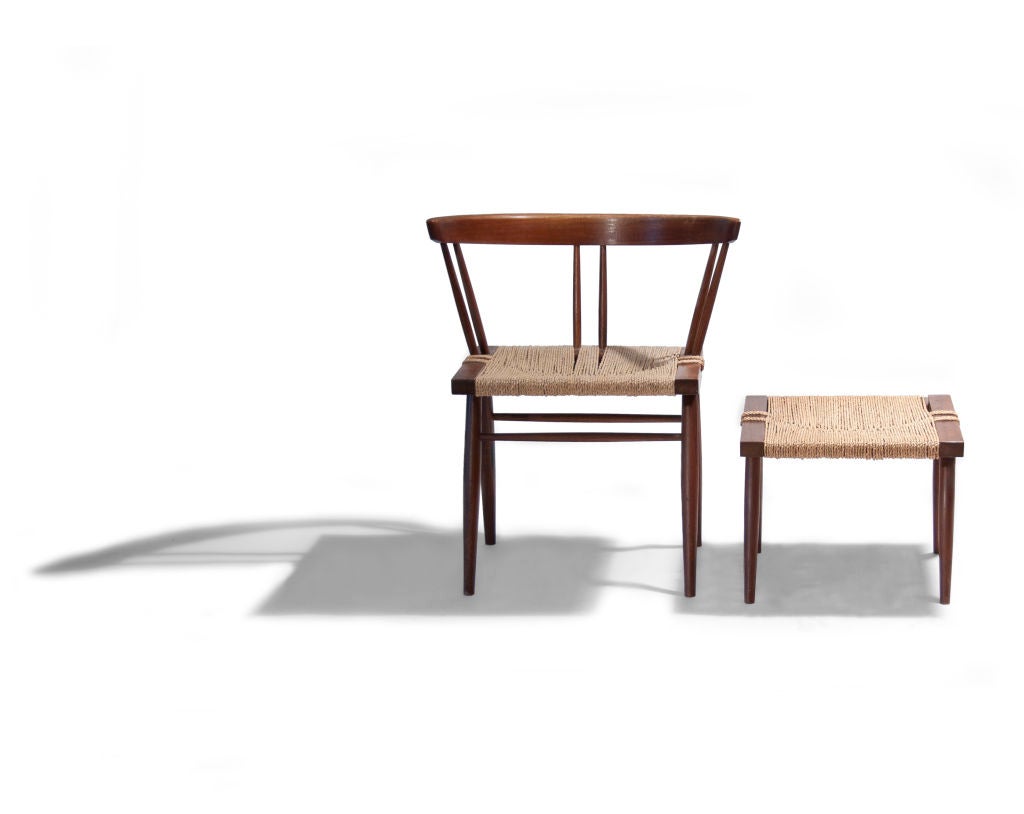 20th Century Nakashima Walnut Grass-Seated Side Chair With Stool