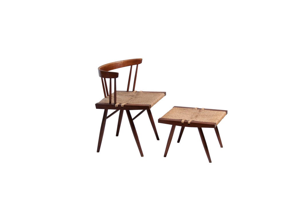 Nakashima Walnut Grass-Seated Side Chair With Stool 1