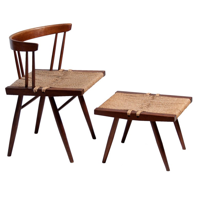Nakashima Walnut Grass-Seated Side Chair With Stool