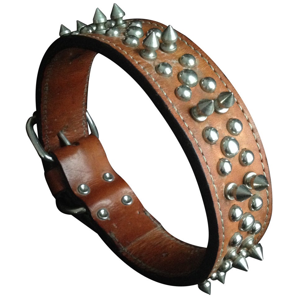 Large 1940's Worn Leather Studded Dog Collar For Sale