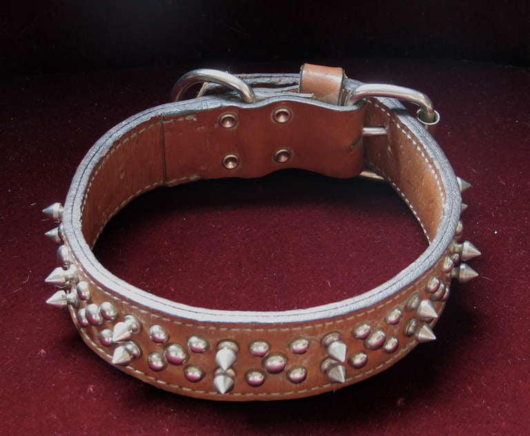 Large 1940's Worn Leather Studded Dog Collar For Sale 3