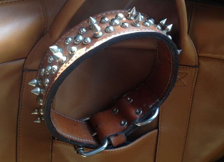 Large 1940's Worn Leather Studded Dog Collar For Sale 1