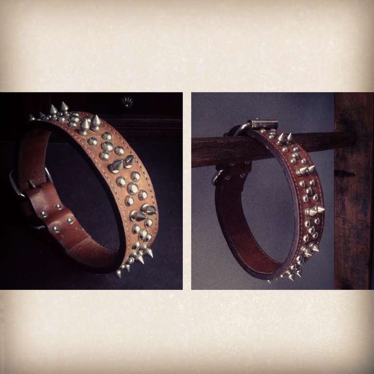 Large 1940's Worn Leather Studded Dog Collar For Sale 4
