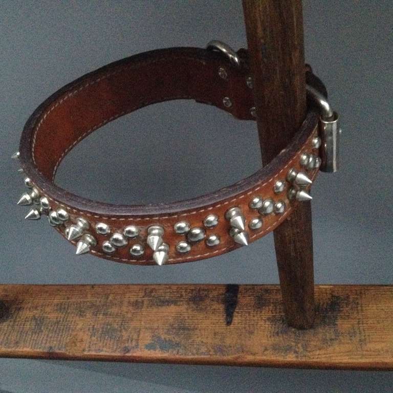 American Large 1940's Worn Leather Studded Dog Collar For Sale