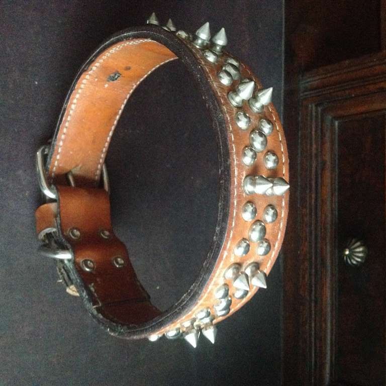Large 1940's Worn Leather Studded Dog Collar For Sale 2