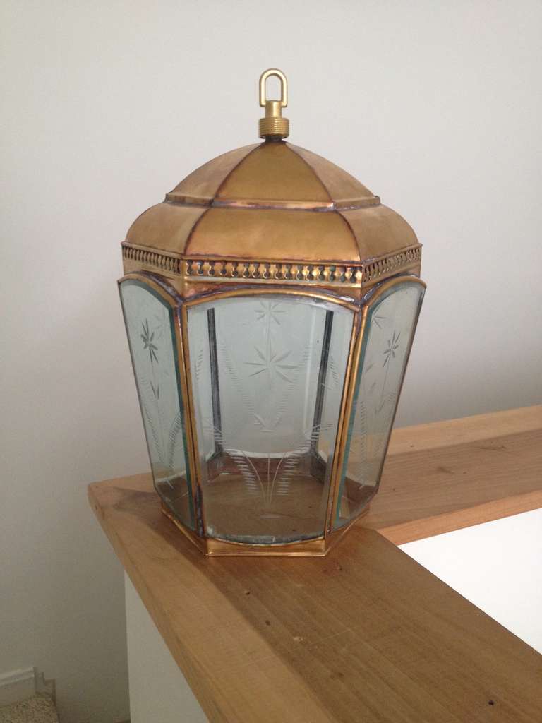 Folk Art Etched Glass Lantern For Sale