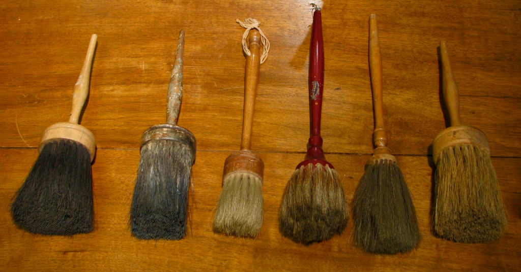Collection of 6 horse hair Shaker brushes<br />
turned wood handles with original paint, horse hair bristles<br />
<br />
Heir Antiques<br />
617-216-0839<br />
tyler@heirantiques.com<br />
specializing in folk art, industrial, rustic modern,