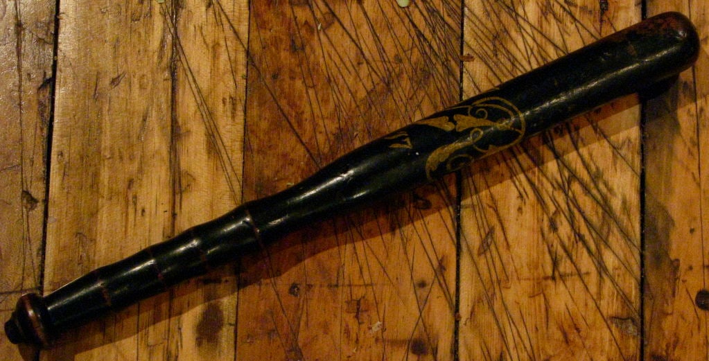 Hand-painted English wooden police truncheon, Victorian self defense weapon. A very severe object, painted with a very delightful R and the number 17. Heavy lead core.<br />
<br />
In the Victorian era, police in London carried truncheons called