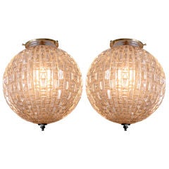 Large Pair of Faceted Deco Glass Globes with Finials