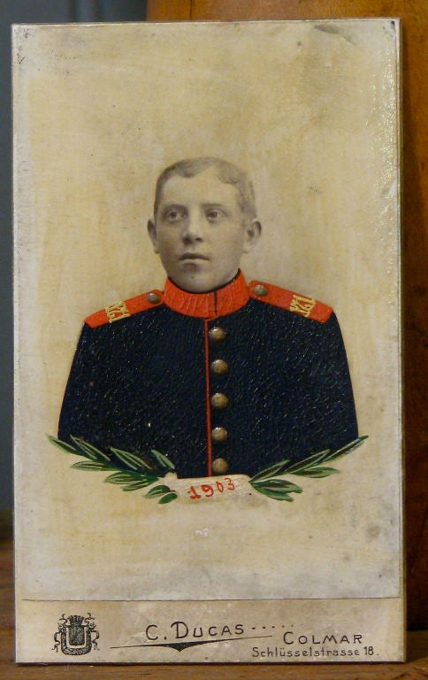 Hand Painted photograph portrait miniature of a young German soldier, 1903

Heir Antiques- specializing in folk art, industrial, rustic modern, vintage lighting, victorian era and nautical curiosities.
617-216-0839 New York and Rhode Island
