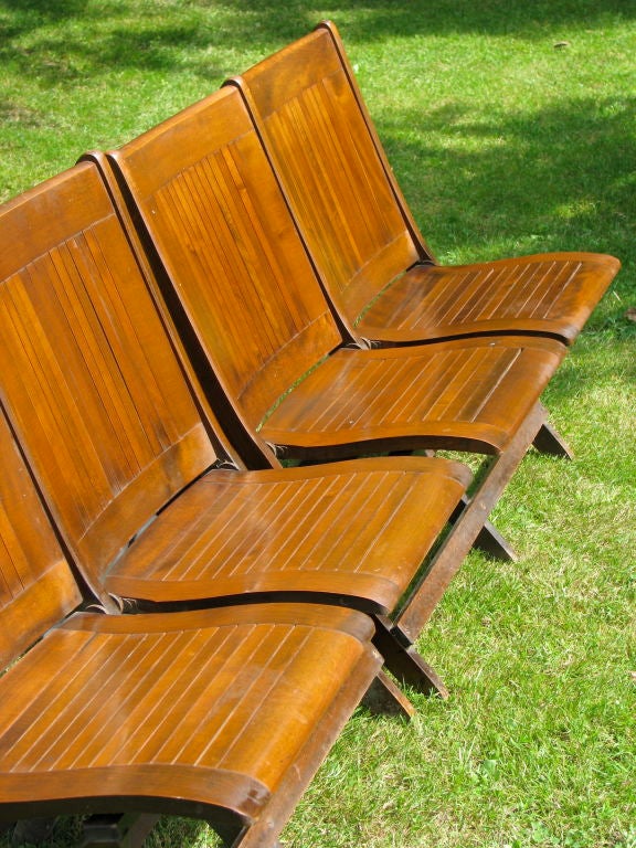 20th Century Pair of Two Seater Wood Slat Back Stadium Becnhes