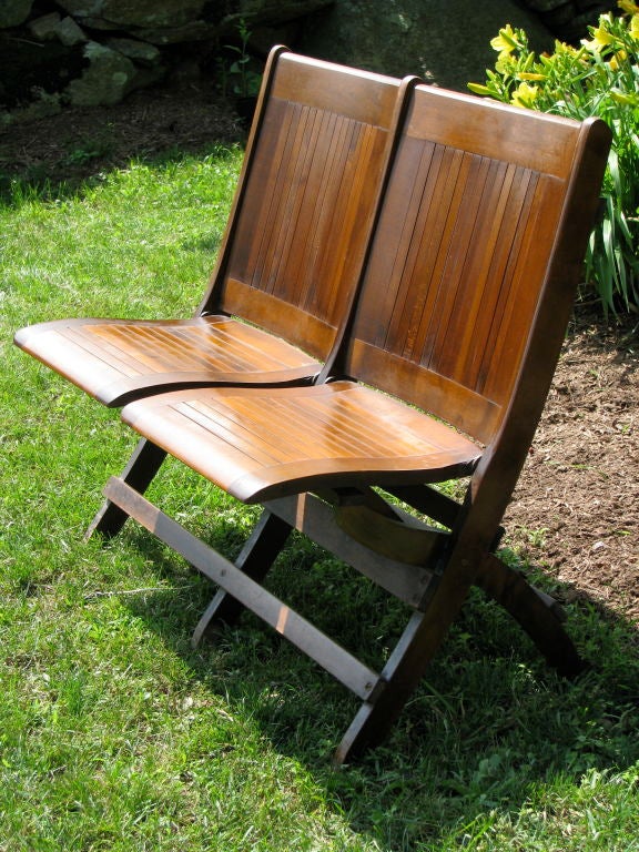 Pair of Two Seater Wood Slat Back Stadium Becnhes 1