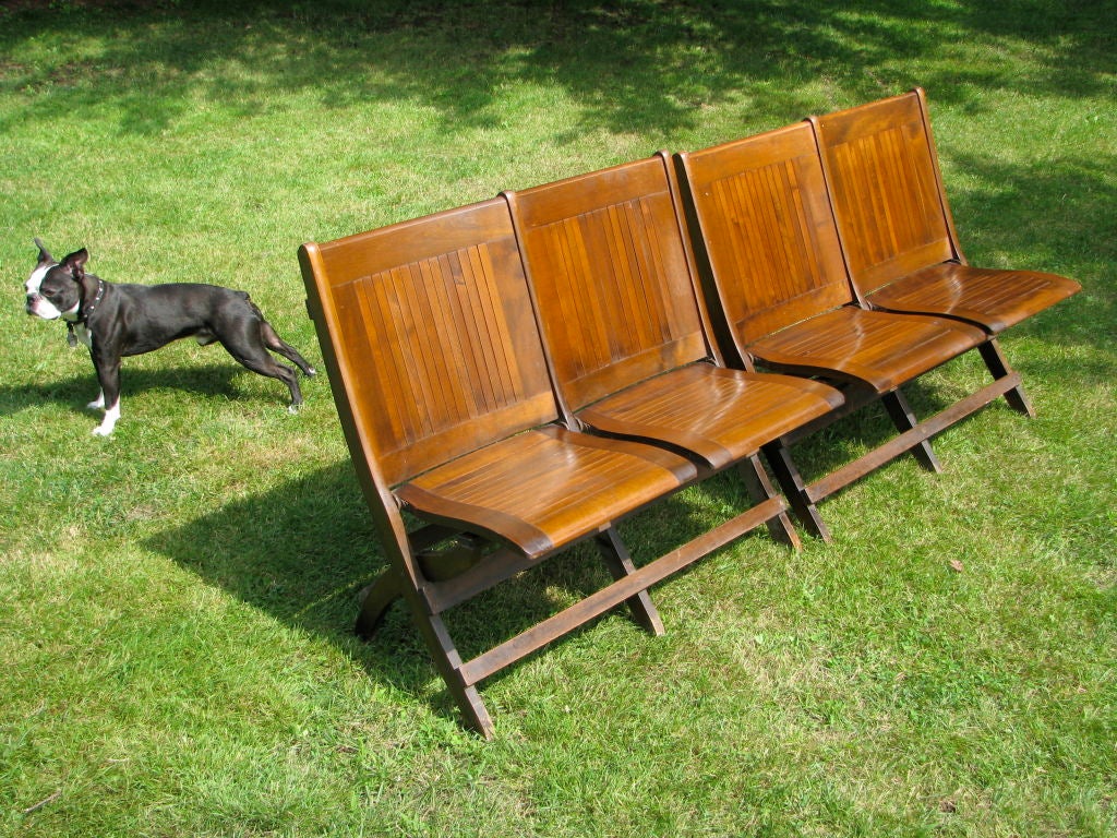 Pair of Two Seater Wood Slat Back Stadium Becnhes 5