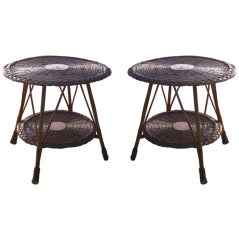 Antique Assembled Pair of Round Wicker Tables