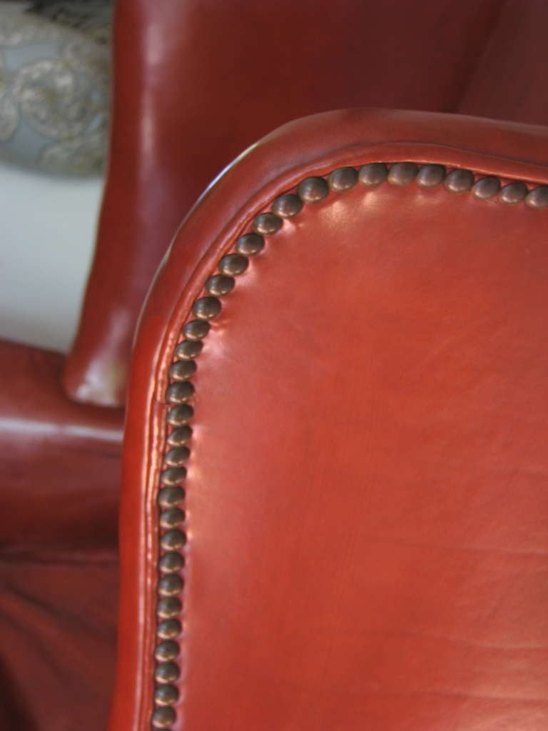 Leather Wingback Library Chair, Deep Caramel Color In Good Condition In New York, NY