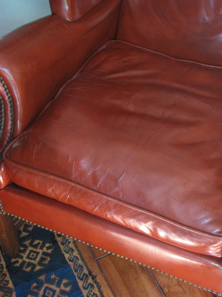 Mid-20th Century Leather Wingback Library Chair, Deep Caramel Color